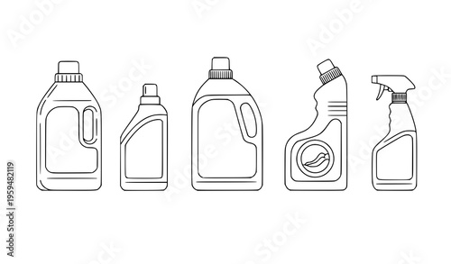 Laundry cleaning detergent bottle outline vector illustration set