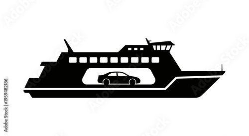 Black silhouette of a ferry boat carrying a single car across water