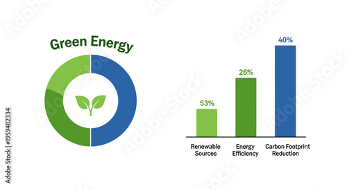 Eco friendly energy, green power, sustainable graph, renewable sources chart, carbon footprint reduction