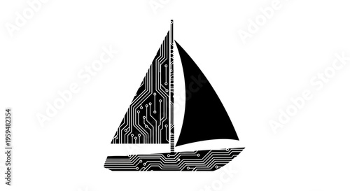 A black sailboat silhouette with a circuit board pattern on its mainsail