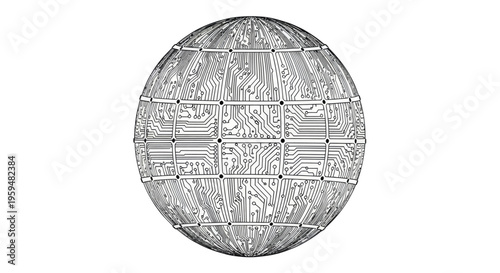 A spherical circuit board with intricate patterns and connections