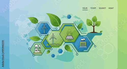 Eco friendly icons, sustainable energy symbols, green technology logos, environmental conservation graphics
