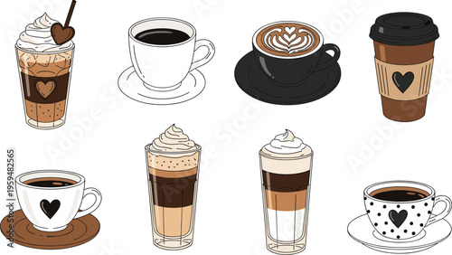 Cute coffee drinks set with hearts and whipped cream. Hand drawn vector illustration of latte, cappuccino and takeaway cups. Cozy cafe beverages isolated.
