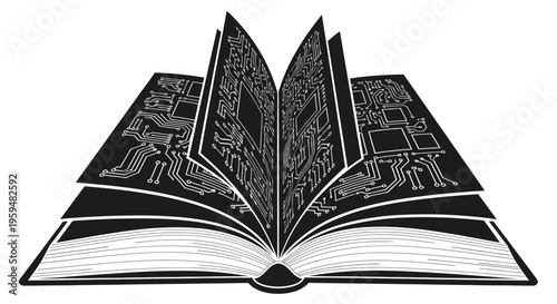 An open book displays circuit board patterns within its pages