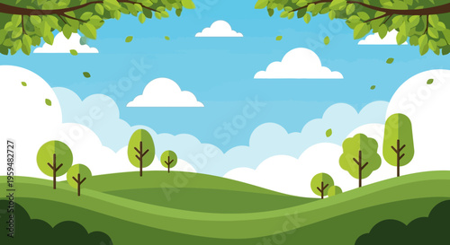 Beautiful Summer Nature Landscape Illustration in Flat Design Style with Green Rolling Hills, Trees, and Sunny Blue Sky