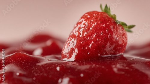 Juicy strawberry covered in glossy red sauce in macro view, ideal for dessert, fruit, sweetness, freshness, and indulgent food concepts