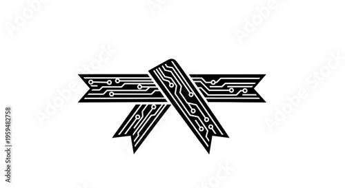 A black and white graphic of two ribbons resembling a bow, each with circuit board patterns