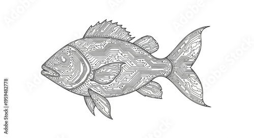 Detailed sketch of a fish body made of electronic circuit board patterns