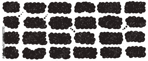 Crayon organic shape and fluffy frame label with think bubble speech. Sticker scallop promo and badge scribble icon set in doodle. Kid cloudy tag and naive pencil frame. Vector fluffy label for promo.