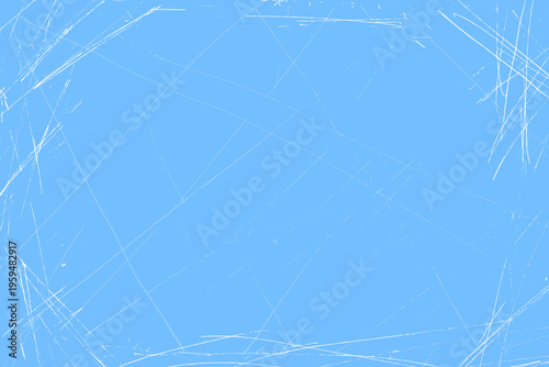 Ice scratches frame grunge textured background. Blue boarder backdrop with worn effect. Background as winter skate rink or paper with icy and sharp chaotic and random scratch. Vector gritty texture.
