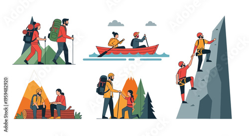 Flat Vector Illustration Set of People Doing Outdoor Activities: Hiking in Mountains, Rock Climbing, Rowing a Boat, and Camping with Backpacks