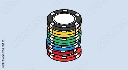 Stack of multi-colored chips in isometric view against a pale blue background