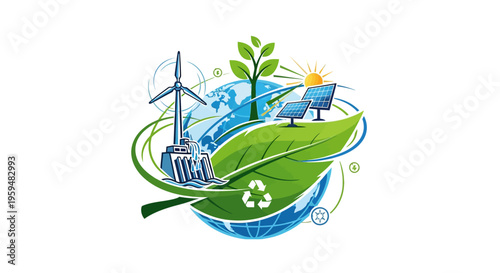 Eco friendly icons, green technology symbols, renewable energy logos, sustainable development graphics