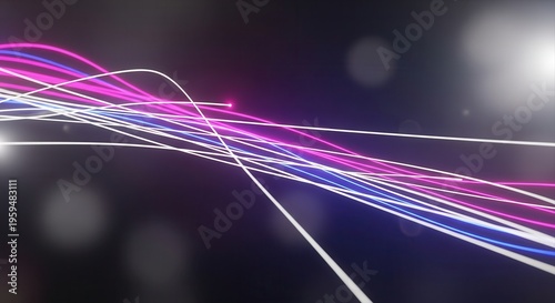 Magenta electric blue light streaks crossing thin wicks, blurred background, ambient glow, modern stock market trend visualization.