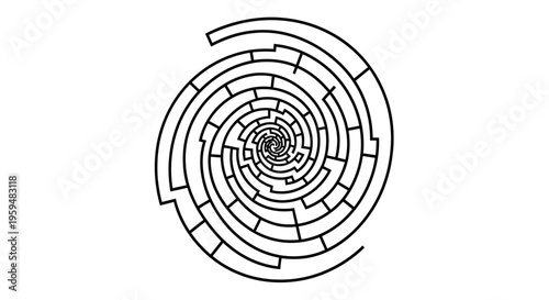 Abstract spiral maze design, black lines on a white background