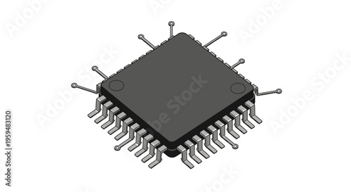 A dark grey microchip with numerous silver pins extends outward