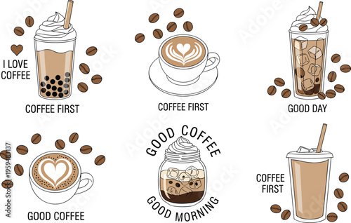 Coffee quotes and drinks set with latte and bubble tea. Cute modern cafe stickers collection. Perfect for social media, branding and packaging design.