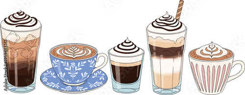 Coffee drinks collection with latte, mocha and iced beverages. Stylish cafe cups set. Perfect for menu design, branding and coffee shop visuals.