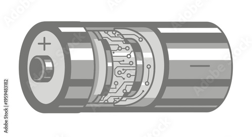 Cutaway view of a cylindrical battery revealing internal circuitry and layered components