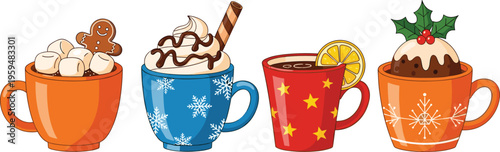 Christmas hot drinks set with festive mugs and toppings. Cute vector illustration of holiday beverages with marshmallows and citrus. Cozy winter drinks isolated.