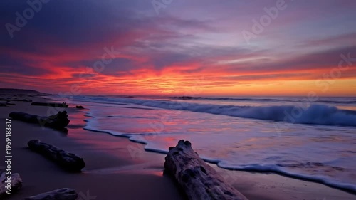 Stunning sunset over the ocean with vibrant colors reflecting on the wet sandy beach with driftwood.
