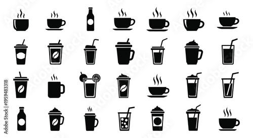 Collection of various beverage icons in black silhouette style for drink menu graphic design