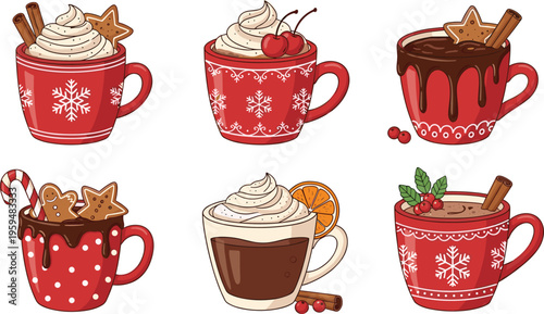 Christmas hot chocolate cups with festive toppings and sweets. Cute vector illustration of holiday drinks with whipped cream. Cozy winter beverages isolated.