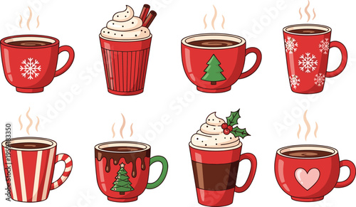 Christmas coffee cups set with festive red mugs and hot drinks. Cute vector illustration of holiday beverages. Cozy winter cafe elements isolated for design.