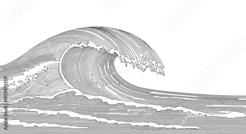 Dynamic line art depicts a curling ocean wave with frothy crest against a white background