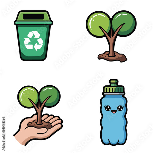 Eco Life Icon Set: Recycling Bin, Water Bottle, and Growing Plant Illustrations
