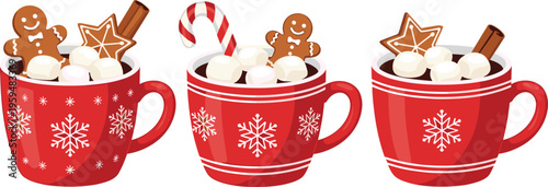 Christmas hot chocolate cups with marshmallows and gingerbread. Festive vector illustration of cozy winter drinks. Holiday beverages isolated for seasonal design.
