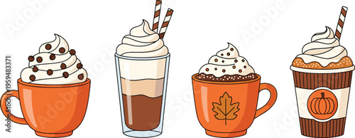 Autumn coffee drinks set with pumpkin spice and whipped cream. Cute vector illustration of seasonal cafe beverages. Cozy fall drinks isolated for menu design.