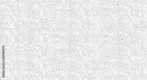 Intricate white circuit board pattern with subtle gray details