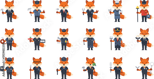 Cute fox character profession set in business suits with different jobs cartoon vector collection isolated on white background modern flat design