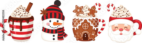 Christmas coffee cups set with festive characters and sweets. Cute vector illustration with snowman, Santa and gingerbread house. Cozy winter drinks isolated.