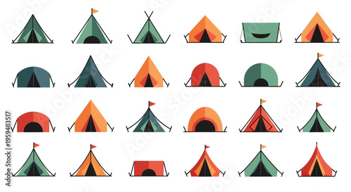 Set of Minimalist Camping Tent Icons - Geometric Vector Illustrations for Outdoor Adventure, Hiking, and Recreation