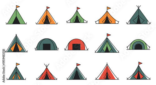Flat Vector Camping Tent Icon Set: 15 Colorful Shelter Symbols for Outdoor Travel, Summer Camp, Hiking, and Wilderness Adventure Recreation