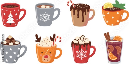 Christmas hot drinks set with festive mugs and toppings. Cute vector illustration of holiday beverages with cocoa and citrus. Cozy winter drinks isolated.