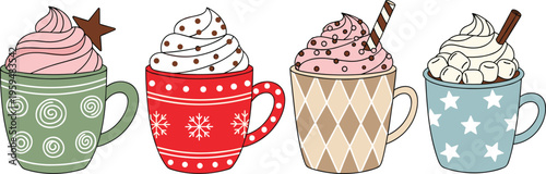 Cute winter coffee cups with whipped cream and festive toppings. Vector illustration of cozy hot drinks. Holiday beverages isolated for cafe and seasonal design.