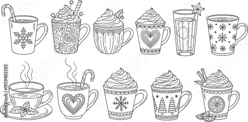 Christmas coffee cups set in hand drawn sketch style. Vector illustration of festive drinks with winter decorations. Cozy holiday beverages isolated for design.