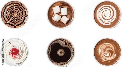 Top view coffee and dessert drinks with latte art and toppings. Vector illustration of hot beverages with marshmallow and cream. Cafe menu elements isolated.