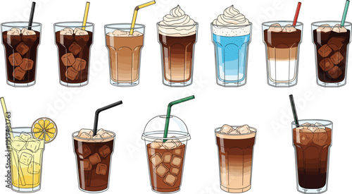 Iced coffee drinks collection with various flavors and cold beverages. Colorful vector illustration of cafe drinks with straws. Refreshing menu elements isolated.
