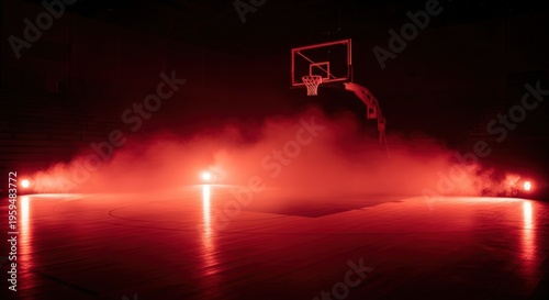 Red Lit Basketball Court With Smoke And Hoop Dramatic Atmosphere In An Empty Stadium