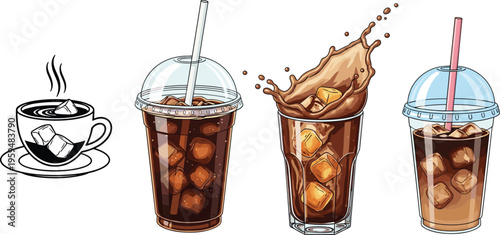 Coffee drinks set with iced beverages, splash effect and hot cup. Detailed vector illustration of cafe drinks. Modern menu elements isolated for design.
