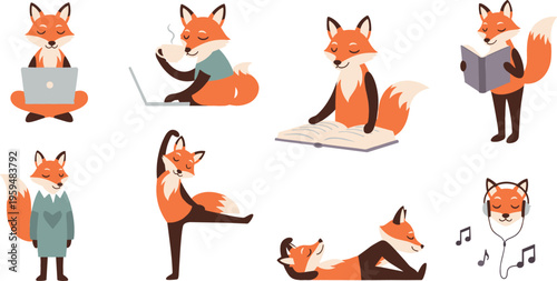 Cute Fox Daily Activities Illustration Set Featuring Reading, Working on Laptop, Listening Music, Sitting, Relaxing, and Casual Cartoon Animal Characters for Kids Design