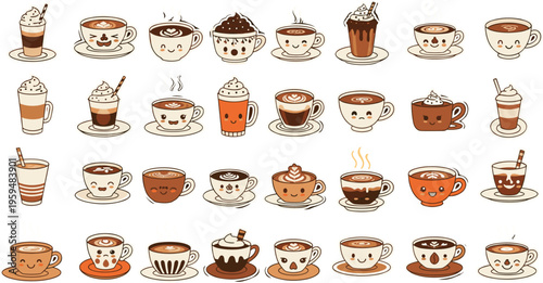 Cute coffee cups collection with smiling faces and drinks. Cartoon vector illustration of cafe beverages. Fun and cozy menu elements isolated for design.