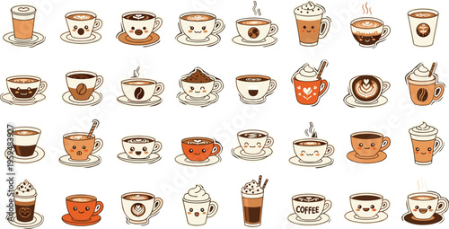 Cute coffee cups collection with different expressions and drinks. Cartoon vector illustration of cafe beverages. Fun and cozy menu elements isolated.