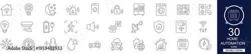 Home automation line icon set with 30 icons smart home, IoT, remote control, security, lighting, energy, sensor, wifi. Clean linear vector, editable stroke for modern tech projects.