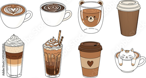 Cute coffee drinks set with animal themed cups and desserts. Vector illustration of latte and iced beverages. Cozy cafe collection isolated for menu design.
