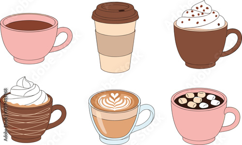 Coffee drinks set with latte, cappuccino and takeaway cup. Cute vector illustration of cafe beverages with foam and marshmallows. Cozy drinks isolated.